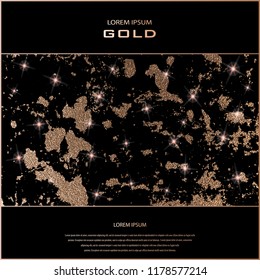 Blush gold. Abstract golden quartz background. Vector illustration. Copper foil. Bronze glitter grunge texture. Patina scratch, cracks golden elements. Vintage illustration.
