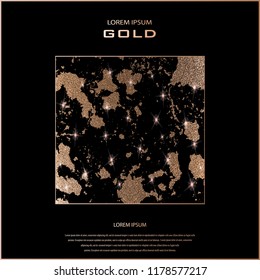 Blush gold. Abstract golden quartz background. Vector illustration. Copper foil. Bronze glitter grunge texture. Patina scratch, cracks golden elements. Vintage illustration.