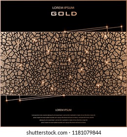 Blush gold. Abstract golden quartz background. Vector illustration. Copper foil. Bronze glitter grunge texture. Patina scratch, cracks golden elements. Vintage illustration.