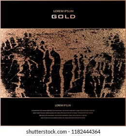 Blush gold. Abstract golden quartz background. Vector illustration. Copper foil. Bronze glitter grunge texture. Patina scratch, cracks golden elements. Vintage illustration.