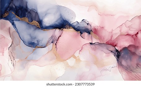 Blush, navy, rose gold, pale pink alcohol ink abstract background with ink cracks, ink splashes and gold glitter. Luxury background design.