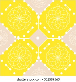 Blush on yellow mosaic tiles vector pattern with mandalas