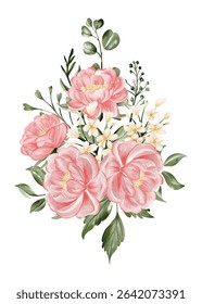 Blush Peonies and Delicate White Blooms Watercolor Bouquet