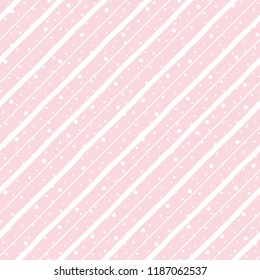 Blush pink abstract seamless vector pattern. Parallel diagonal stripes, bars, inclined streaks with chaotic dot, snow, snowflakes, flakes texture. New Year, Christmas abstract geometrical background.
