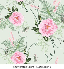 Blush pink bouquets on light green background. Seamless pattern with delicate wild roses flowers and herbs. Romantic garden illustration.