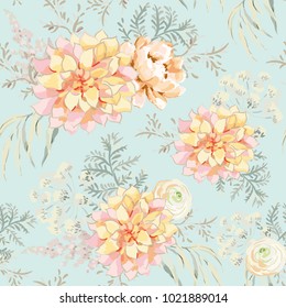Blush pink bouquets on the mint background. Watercolor vector seamless pattern with delicate flowers. Dahlia, peony, ranunculus, fern and gray leaves. Romantic garden illustration.