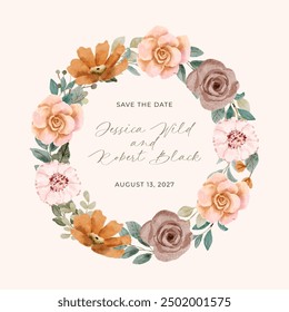 blush pink brown floral watercolor wreath