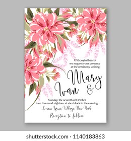 Blush pink chrysanthemum asters peony autumn wedding invitation vector template floral background