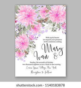 Blush pink chrysanthemum asters peony autumn wedding invitation vector template floral background