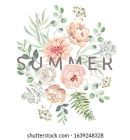 Blush pink dahlia, rose, peony flowers, fern, forest green leaves, white background. Print for t shirt, text Summer. Vector illustration. Floral arrangement. Design template greeting card