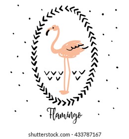 Flamingo rosa negro en el marco sobre un fondo blanco. Impresión vectorial para el pantalones tee con pájaro tropical. Ilustración dibujada a mano. Diseño artístico para el afiche o tarjeta, decoración para casa, almohada.