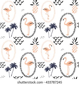 Blush pink flamingo in the frame, pineapples and palm trees on the white background. Vector seamless pattern with tropical bird and fruit. Hand drawn illustration.