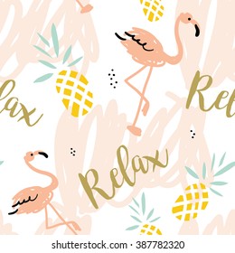 Blush Pink Flamingo, Pineapples And Message Relax On A White Background With Pastel Strokes. Vector Seamless Pattern With Tropical Bird And Fruit.