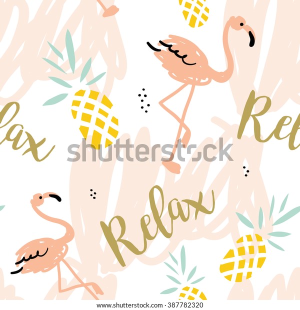 Blush pink flamingo, pineapples and message Relax on a white background with pastel strokes. Vector seamless pattern with tropical bird and fruit.