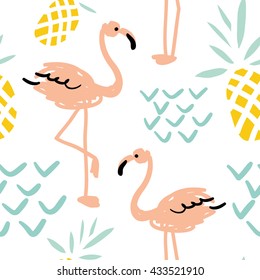 Blush pink flamingo, pineapples on the white background. Vector seamless pattern with tropical bird and fruit.