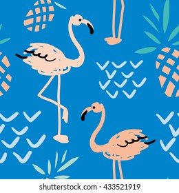 Blush pink flamingo, pineapples on the blue background. Vector seamless pattern with tropical bird and fruit.