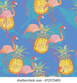 Blush pink flamingo and pineapples. Vector seamless pattern with tropical bird and fruit.