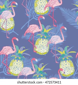 Blush pink flamingo and pineapples. Vector seamless pattern with tropical bird and fruit.