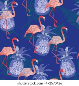 Blush pink flamingo and pineapples. Vector seamless pattern with tropical bird and fruit.