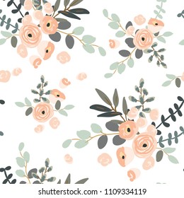 Blush pink floral bouquets on the white background. Vector seamless pattern with rose flowers. Exotic summer beach. 