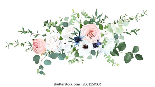 Blush pink garden roses, anemone, ranunculus, hydrangea flowers vector design bouquet. Wedding floral greenery. Mint, pink, beige, green tones. Watercolor flowers. Summer style. Elements are isolated