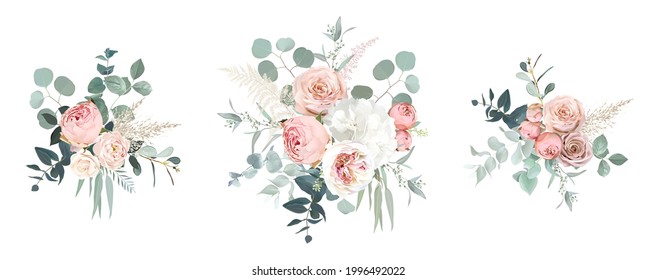 Blush pink garden roses, ranunculus, hydrangea flowers vector design bouquets. Wedding floral and greenery. Mint, pink, beige, green tones. Watercolor flowers. Summer style. Elements are isolated 