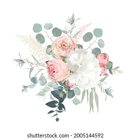 Blush pink garden roses, ranunculus, hydrangea flowers vector design bouquet. Wedding floral and greenery. Mint, pink, beige, green tones. Watercolor flowers. Summer style. Elements are isolated 