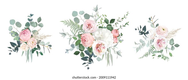 Blush pink garden roses, ranunculus, hydrangea flowers vector design bouquets. Wedding floral and greenery. Mint, pink, beige, green tones. Watercolor flowers. Summer style. Elements are isolated