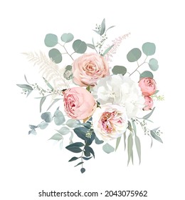 Blush pink garden roses, ranunculus, hydrangea flowers vector design bouquet. Wedding floral and greenery. Mint, pink, beige, green tones. Watercolor flowers. Summer style. Elements are isolated 