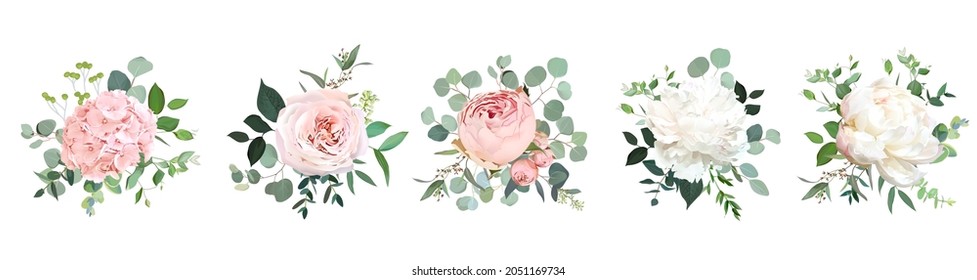 Roses de jardín rosadas, ranunculus, hidrangea, ramos de diseño de vectores de flores peony. Boda floral y verde. Tonos de menta, beige y verde. Flores acuáticas. Estilo de verano. Los elementos están aislados