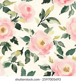 Blush pink and green floral on a white background, watercolor flower seamless pattern. Watercolor print in rustic vintage style, textile or wallpaper.