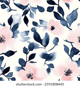 Blush pink and navy floral on a white background, watercolor flower seamless pattern. Watercolor print in rustic vintage style, textile or wallpapers.