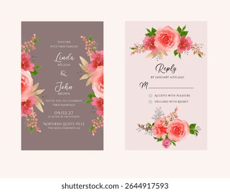 Blush Pink and Red Rose with Carnation Floral Bouquet Arrangement Watercolor Wedding Invitation with High Quality Resolution for Invitation Design or Bridal Shower