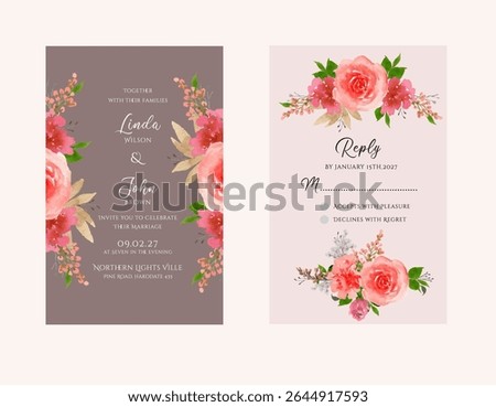 Blush Pink and Red Rose with Carnation Floral Bouquet Arrangement Watercolor Wedding Invitation with High Quality Resolution for Invitation Design or Bridal Shower