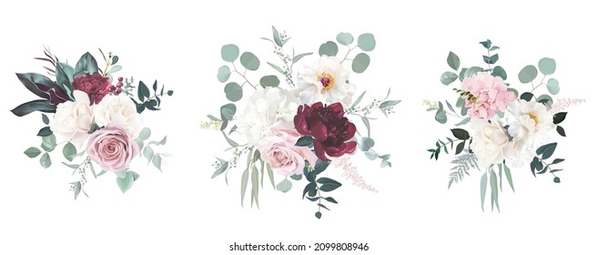 Blush pink rose, burgundy red peony, ranunculus, hydrangea, magnolia flowers vector design bouquets. Wedding floral and greenery. Mint, pink, silver, sage tones. Elements are isolated and editable