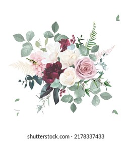 Blush pink rose, burgundy red peony, ranunculus, hydrangea, magnolia flowers vector design bouquet. Wedding floral and greenery. Mint, pink, silver, sage tones. Elements are isolated and editable