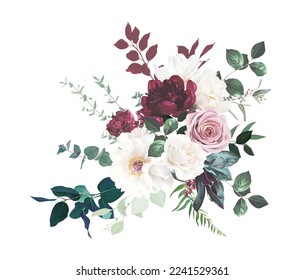 Blush pink rose, burgundy red peony, ranunculus, ivory white magnolia flowers vector design bouquet. Wedding floral and greenery. Mint, pink, silver, sage tones. Elements are isolated and editable