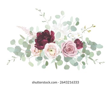 Rosa ruiva, cor de vinho rosas, cor de vinho, ranunculus, marfim branco magnólia flores vetor design bouquet. Floral de casamento e vegetação. Menta, rosa, prata, tons sábios. Os elementos são isolados e editáveis