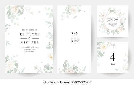 Blush pink rose flowers and mint eucalyptus vector frames. Hand painted branches, leaves on white backgrounds. Greenery wedding invitations. Watercolor style cards. Elements are isolated and editable