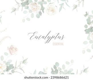 Blush pink rose flowers and mint eucalyptus vector frame. Hand painted branches, leaves on white background. Greenery wedding invitation. Watercolor style card. Elements are isolated and editable