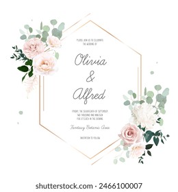 Blush pink rose flowers and mint eucalyptus vector frame. Hand painted branches, leaves on white background. Greenery wedding invitation. Watercolor style card. Elements are isolated and editable