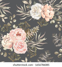 Blush pink rose, peony flowers with beige leaves bouquets, brown background. Floral illustration. Vector seamless pattern. Botanical design. Nature summer plants. Romantic wedding