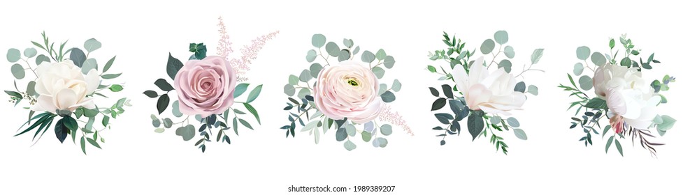 Blush pink rose, ranunculus, camellia, white peony and magnolia vector design bouquets. Wedding greenery. Mint, pink, green tones. Watercolor flowers. Summer style. Elements are isolated and editable