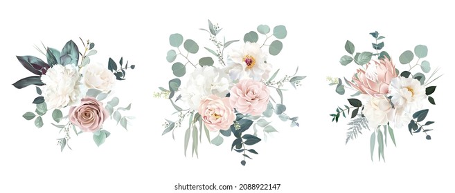 Blush pink rose, ranunculus, camellia, peony, hydrangea, magnolia, protea flowers vector design bouquets. Wedding floral and greenery. Mint, pink, silver, sage tones.Elements are isolated and editable