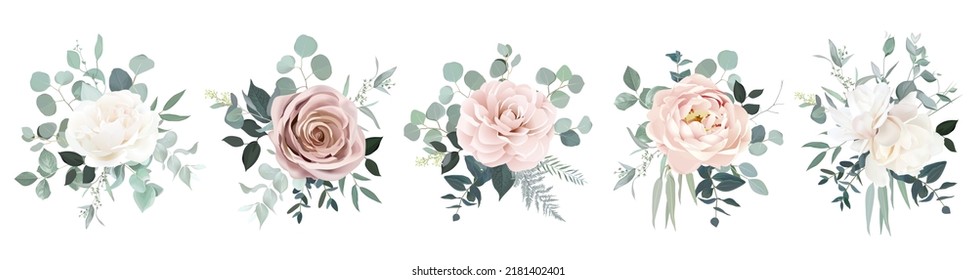 Blush pink rose, ranunculus, camellia, ivory magnolia flowers, eucalyptus, fern vector design bouquets. Wedding floral and greenery. Mint, pink, silver, sage tones. Elements are isolated and editable