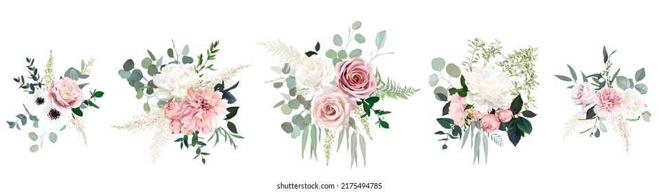 Blush pink rose, ranunculus, dahlia, peony, hydrangea, anemone, carnation flowers vector design bouquets. Wedding floral and greenery. Mint, pink, silver, sage tones.Elements are isolated and editable