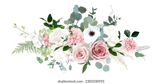 Blush pink rose, ranunculus, peony, white anemone  flowers, pampas grass, eucalyptus vector design bouquet. Wedding floral and greenery. Mint, silver, sage tones. Elements are isolated and editable