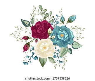 Blush pink rose and sage greenery, ivory peony, hydrangea, ranunculus flowers. Set of floral elements. Flower red, burgundy, navy blue rose, green leaves.