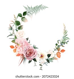 Blush pink roses, hydrangea, ivory peony vector design invitation frame