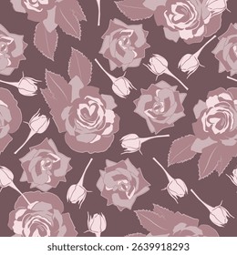 Blush and Pink Roses With Leaves and Buds. Monochromatic Flowers on Dark Mauve Background. Vector Seamless Pattern